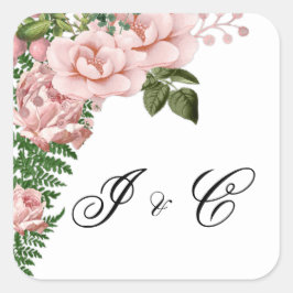 Pegatina Cuadrada Boda de rosas y helechos rosas