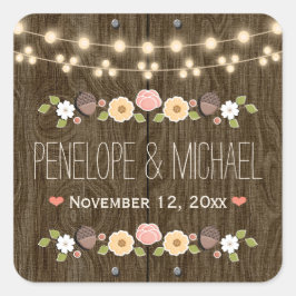 Pegatina Cuadrada Boda de Rubor String of Lights Rustic Fall Acorn