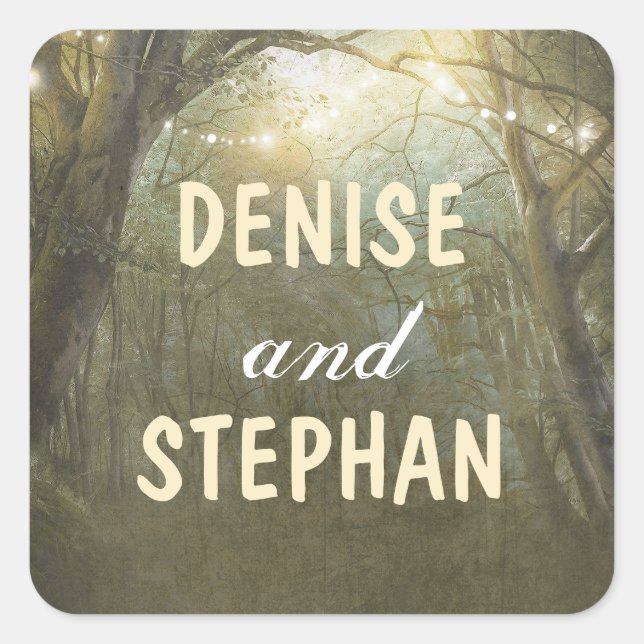 Pegatina Cuadrada Boda de Rustic Woodland Tree String (Anverso)