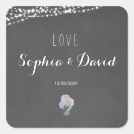 Pegatina Cuadrada Boda de String Lights Mason Jar Chalkboard