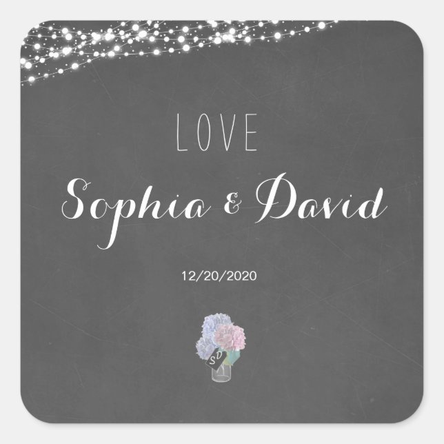 Pegatina Cuadrada Boda de String Lights Mason Jar Chalkboard (Anverso)