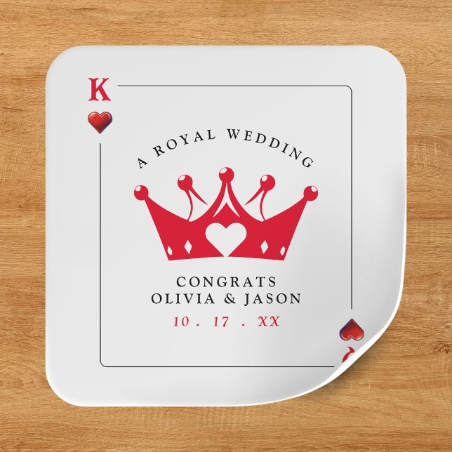 Pegatina Cuadrada Boda de tarjetas de poker del Casino del Rey y la  (King & Queen of Hearts Casino Poker Card Wedding Square Sticker
)