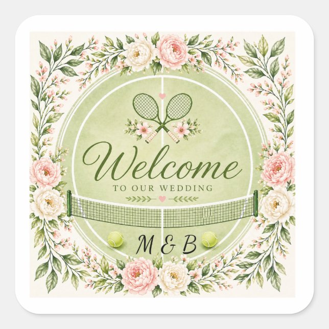 Pegatina Cuadrada Boda de Tenis (Anverso)