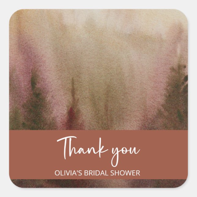 Pegatina Cuadrada Boda de Terracota de Bosque de Acuarela de Otoño (Anverso)