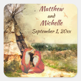 Pegatina Cuadrada Boda de tipi y zorra tribal y tepee personalizado