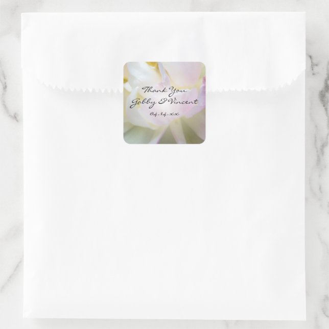 Pegatina Cuadrada Boda de tulipanes rosados y blancos gracias etique (Bolso)
