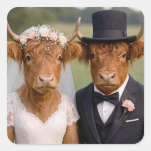 Pegatina Cuadrada Boda de vacas Scottish Highland