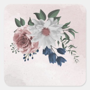 Pegatina Cuadrada boda de vegetación floral azul rosa