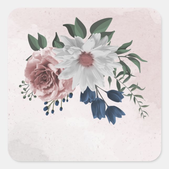 Pegatina Cuadrada boda de vegetación floral azul rosa (Anverso)