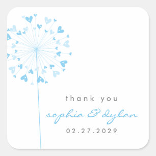 Pegatina Cuadrada Boda de verano de Blue Dandelion Flower Love Heart