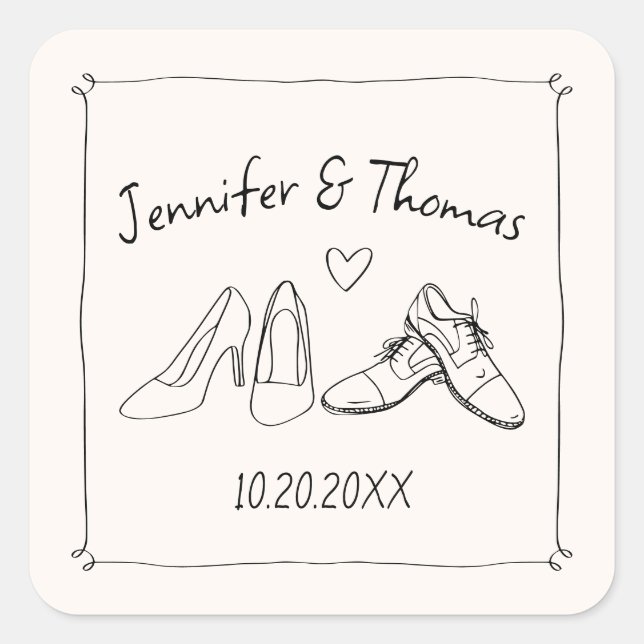 Pegatina Cuadrada Boda De Zapatos De Doodle De Mano Temblorosa De Ma (Anverso)