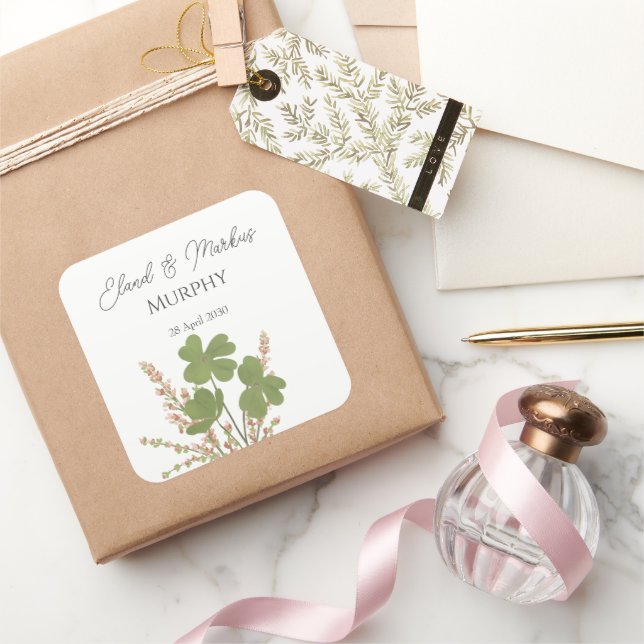 Pegatina Cuadrada Boda del amante de la hoja verde moderna irlandesa (Regalar)