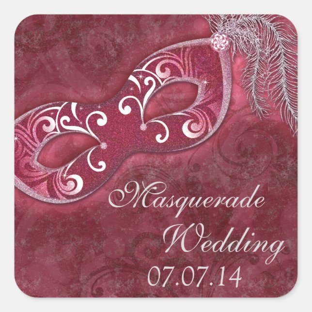 Pegatina Cuadrada Boda del baile de máscaras de Borgoña Mardi Gras (Anverso)