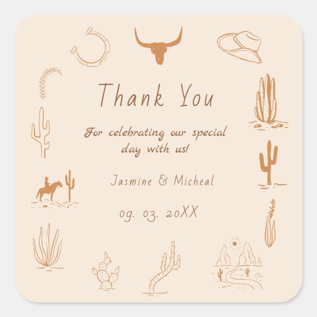 Pegatina Cuadrada Boda del Boho Western Cowboy Ilustracion (Anverso)