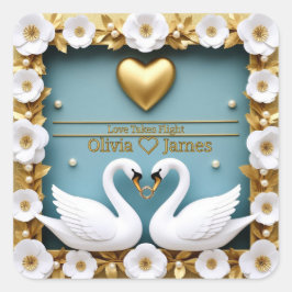 Pegatina Cuadrada Boda del Cisne Azul con Nombres Personalizados 💍
