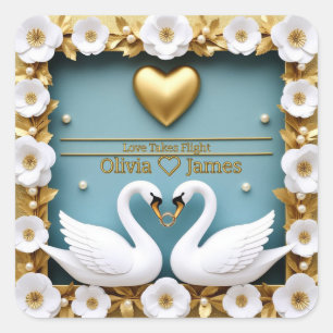 Pegatina Cuadrada Boda del Cisne Azul con Nombres Personalizados 💍