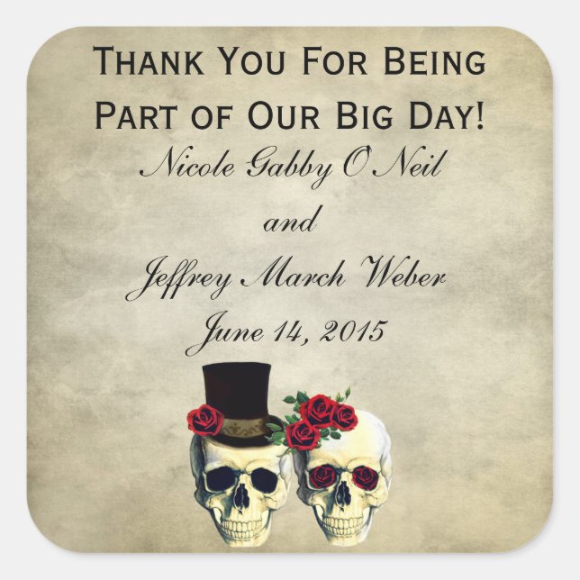 Pegatina Cuadrada Boda del cráneo de novia y Groom (Anverso)