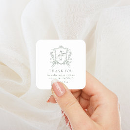 Pegatina Cuadrada Boda del Escudo Vintage verde sabio Gracias