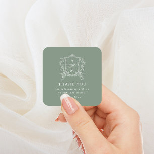 Pegatina Cuadrada Boda del Escudo Vintage verde sabio Gracias