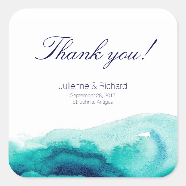 Pegatina Cuadrada Boda del Mar Turquesa Gracias Por Favorecer A Los  (Anverso)