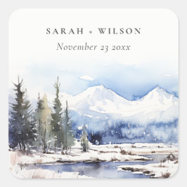 Pegatina Cuadrada Boda del Paisaje de Esquí de la Montaña de la Niev