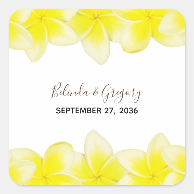 Pegatina Cuadrada Boda del Plumeria Frangipani amarillo (Anverso)