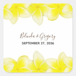 Pegatina Cuadrada Boda del Plumeria Frangipani amarillo