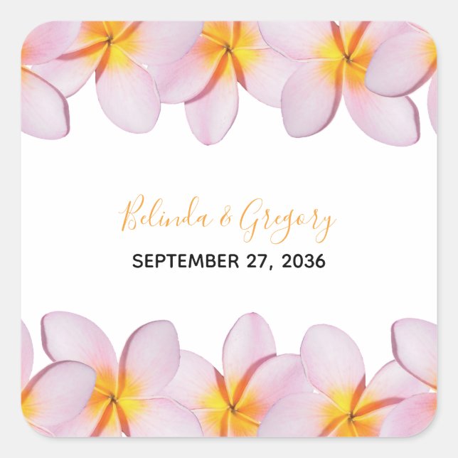 Pegatina Cuadrada Boda del Plumeria Frangipani Rosa (Anverso)