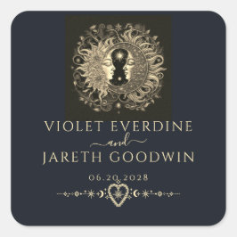 Pegatina Cuadrada Boda del Sol Luna Estrellas Celestiales