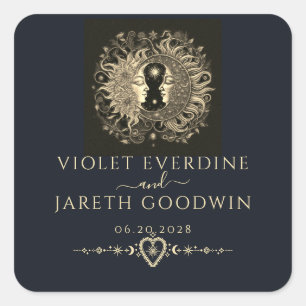 Pegatina Cuadrada Boda del Sol Luna Estrellas Celestiales