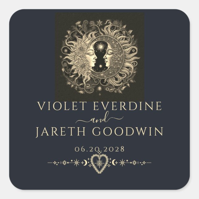 Pegatina Cuadrada Boda del Sol Luna Estrellas Celestiales (Anverso)