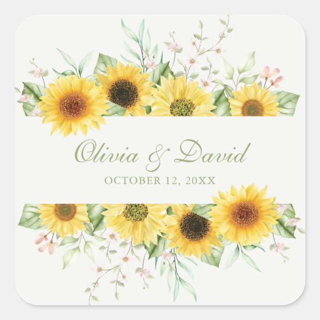 Pegatina Cuadrada Boda Delicia de Girasol Rústico (Anverso)