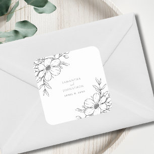 Pegatina Cuadrada Boda Dibujo Línea Floral Blanco Negro Moderno 