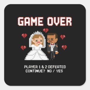 Pegatina Cuadrada Boda Divertida de Jugadores Retro "Game Over" Arte