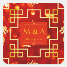 Pegatina Cuadrada Boda Dragón Rojo y Oro