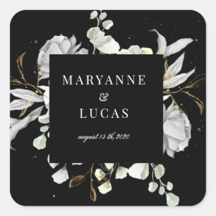 Pegatina Cuadrada boda dramático de monograma floral plateado
