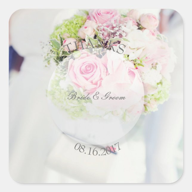 Pegatina Cuadrada Boda editable de Bride Flower Bouquet - Gracias (Anverso)