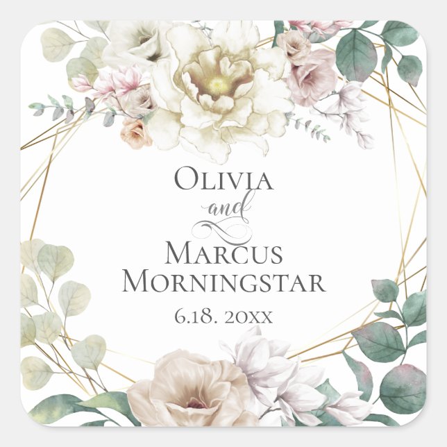 Pegatina Cuadrada Boda Elegant Ivory Rubor Magnolias Peonies (Anverso)