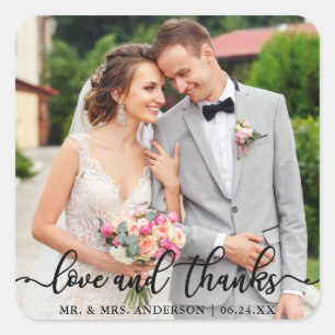 Pegatina Cuadrada Boda Elegant Script Love and Gracias Photo