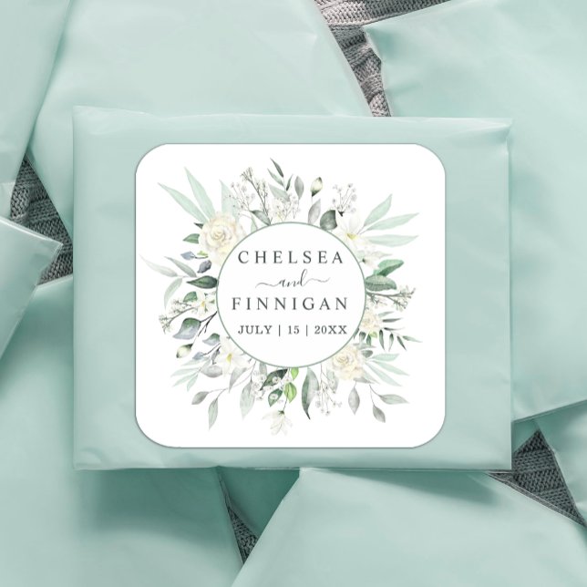 Pegatina Cuadrada Boda Elegante acuarela Verdor Floral (Modern Elegant Greenery #weddingsticker #greenery,#whitefloral#greenandwhite #addname #)