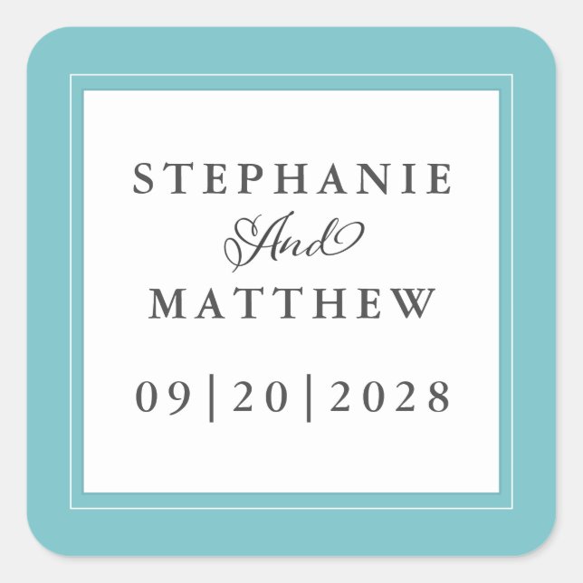 Pegatina Cuadrada Boda elegante caligrafía Moda moderna Aqua White (Anverso)