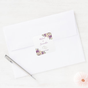 Pegatina Cuadrada Boda elegante con rosas púrpura y marfil