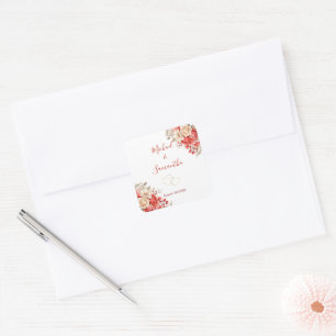 Pegatina Cuadrada Boda elegante con rosas rojas y marfil