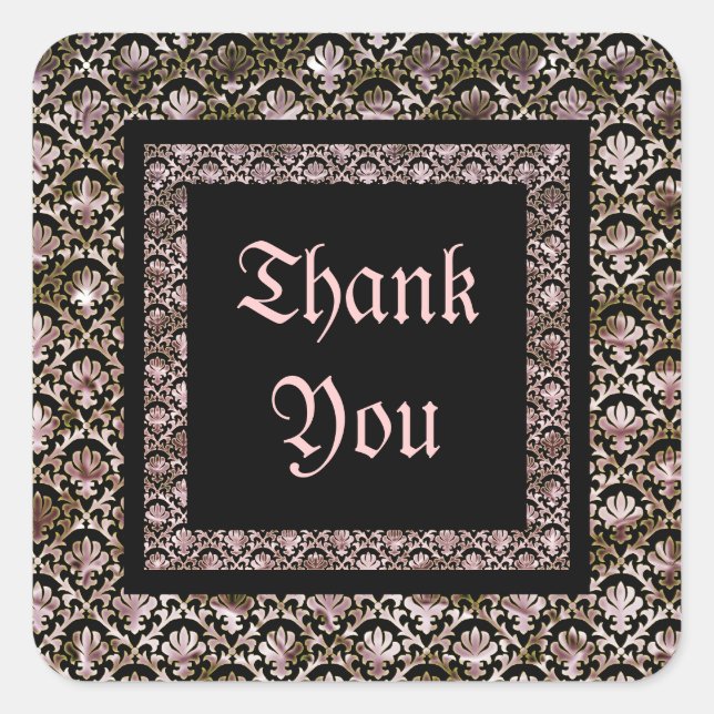 Pegatina Cuadrada Boda elegante de damasco rosa negro (Anverso)