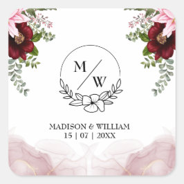 Pegatina Cuadrada Boda elegante de flores de Borgoña