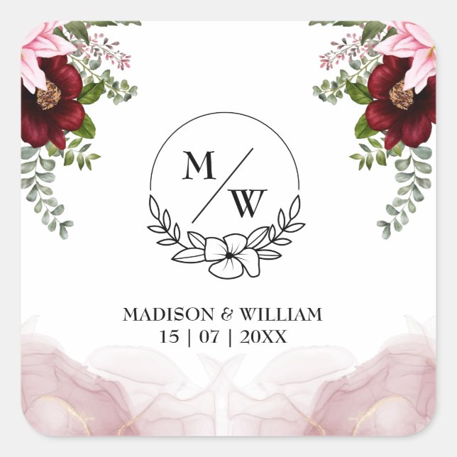Pegatina Cuadrada Boda elegante de flores de Borgoña (Anverso)