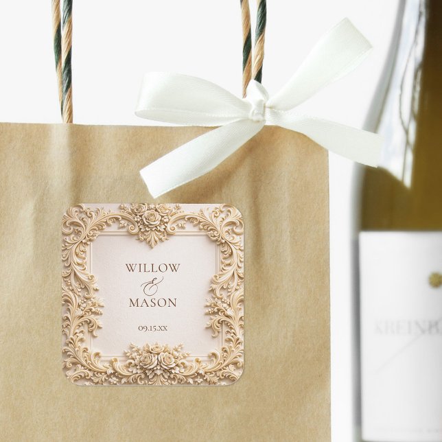 Pegatina Cuadrada Boda elegante de volutas florales de marfil (Elegant Ivory Floral Scroll Wedding Square Sticker)