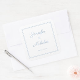 Pegatina Cuadrada Boda Elegante en Azul Polvo y Letra Script