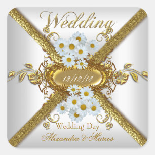 Pegatina Cuadrada Boda elegante flores de margarita blancas oro