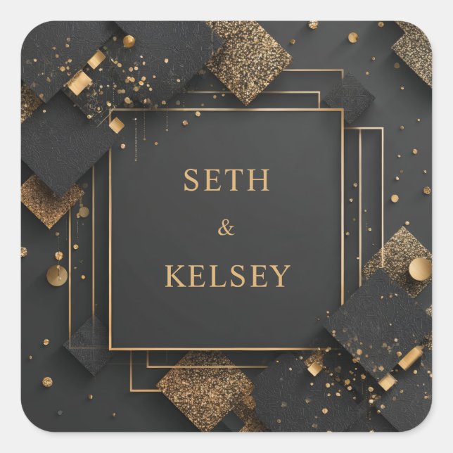 Pegatina Cuadrada Boda elegante geométrica Black & Gold Luxe (Anverso)